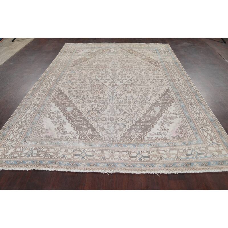 Muted Traditional Geometric Hamedan Persian Area Rug Wool Handmade - 6'10" x 9'9"