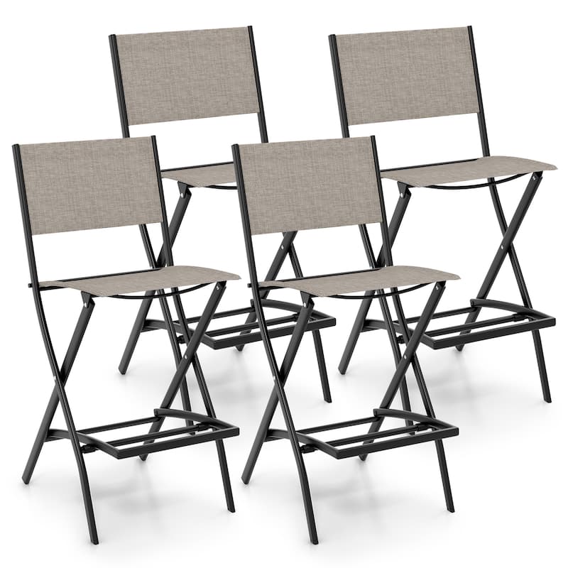 Gymax Folding Bar Stools Set of 4 Patio Sling Chairs w/ Backrest - Counter Height - Coffee - Set of 4
