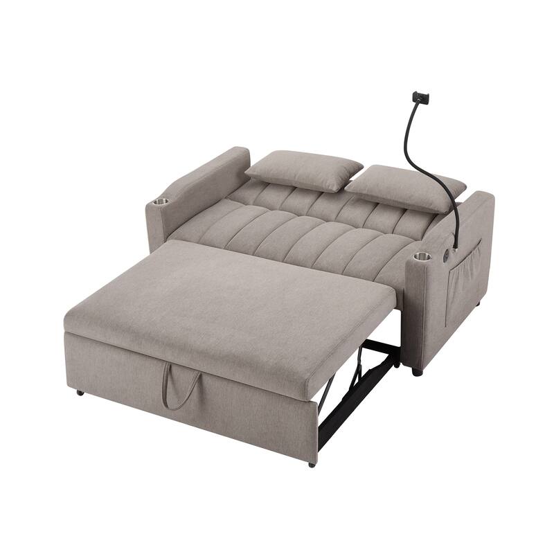 55.9" Convertible Sofa Bed Loveseat Sofa with Three USB Ports, Two Side Pockets, Two Cup Holders and 360°Swivel Phone Holder
