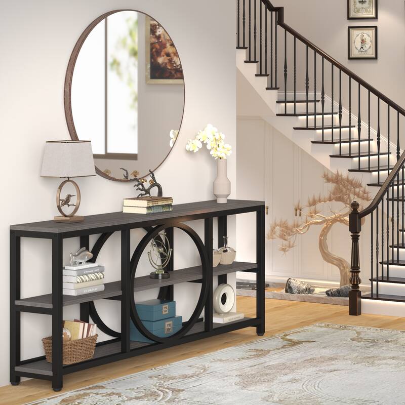 70.9-inche Sofa Console Table with Creative Metal Leg Design, 3 Tiers Narrow Long Accent Tables for Entryway