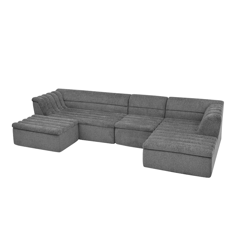 Roomfitters U-Shaped Modular Sectional Sofa with Chaise and Movable Ottoman, Chenille Upholstery and Wave-Shaped Armrest