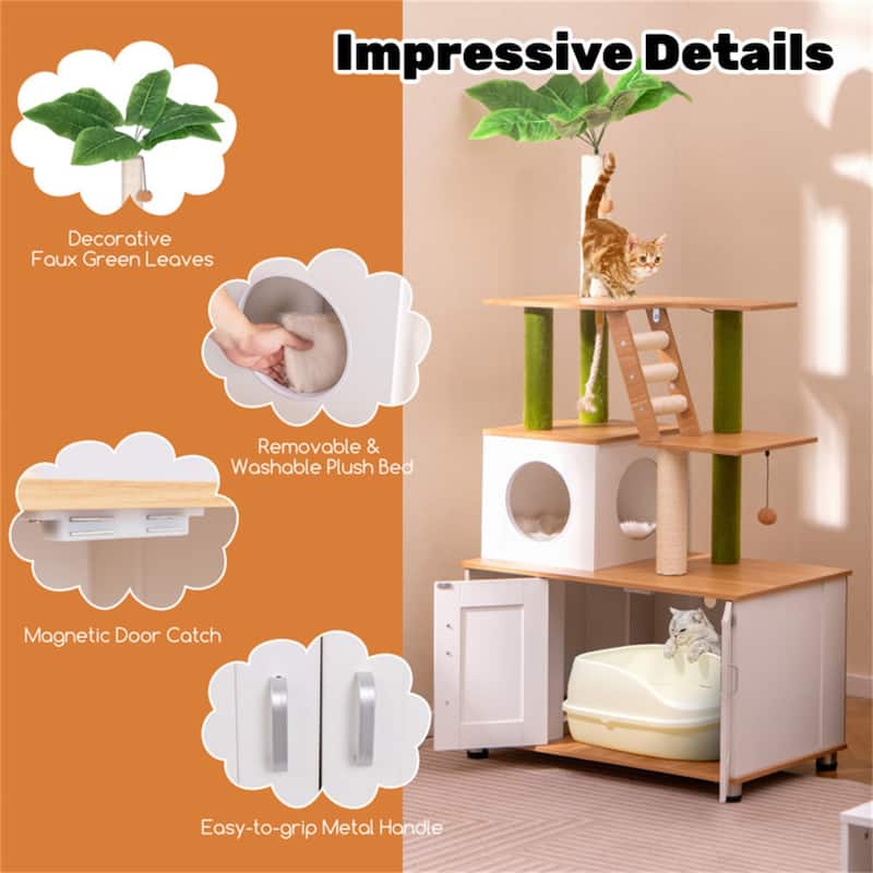 Cat Tree with Cabinet & Condo, Scratching Posts, Interactive Toys & Odor-Free Enclosure - 31.5" x 19" x 69"