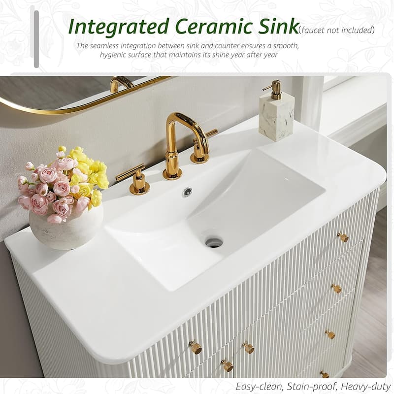 36" Modern Fluted Bathroom Vanity with Sink, Washstand for Kitchen