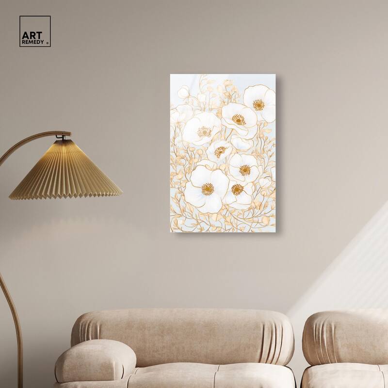 White and Gold Poppies I Acrylic by Art Remedy, Ready to Hang