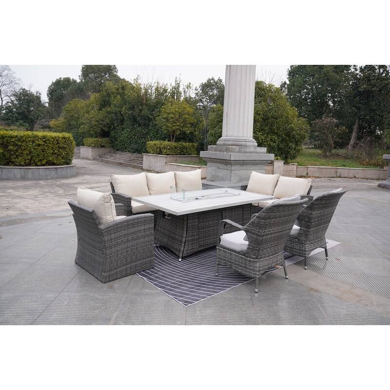 7-Piece Patio Rattan Sofa Set with Aluminum Dining Table and Armchairs