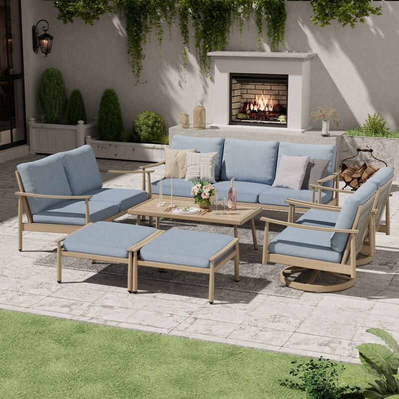 7-Piece Aluminum Patio Conversation Set, 3-Seat Outdoor Couch and Loveseat with 2 Swivel Armchairs， Ottomans and Coffee Table