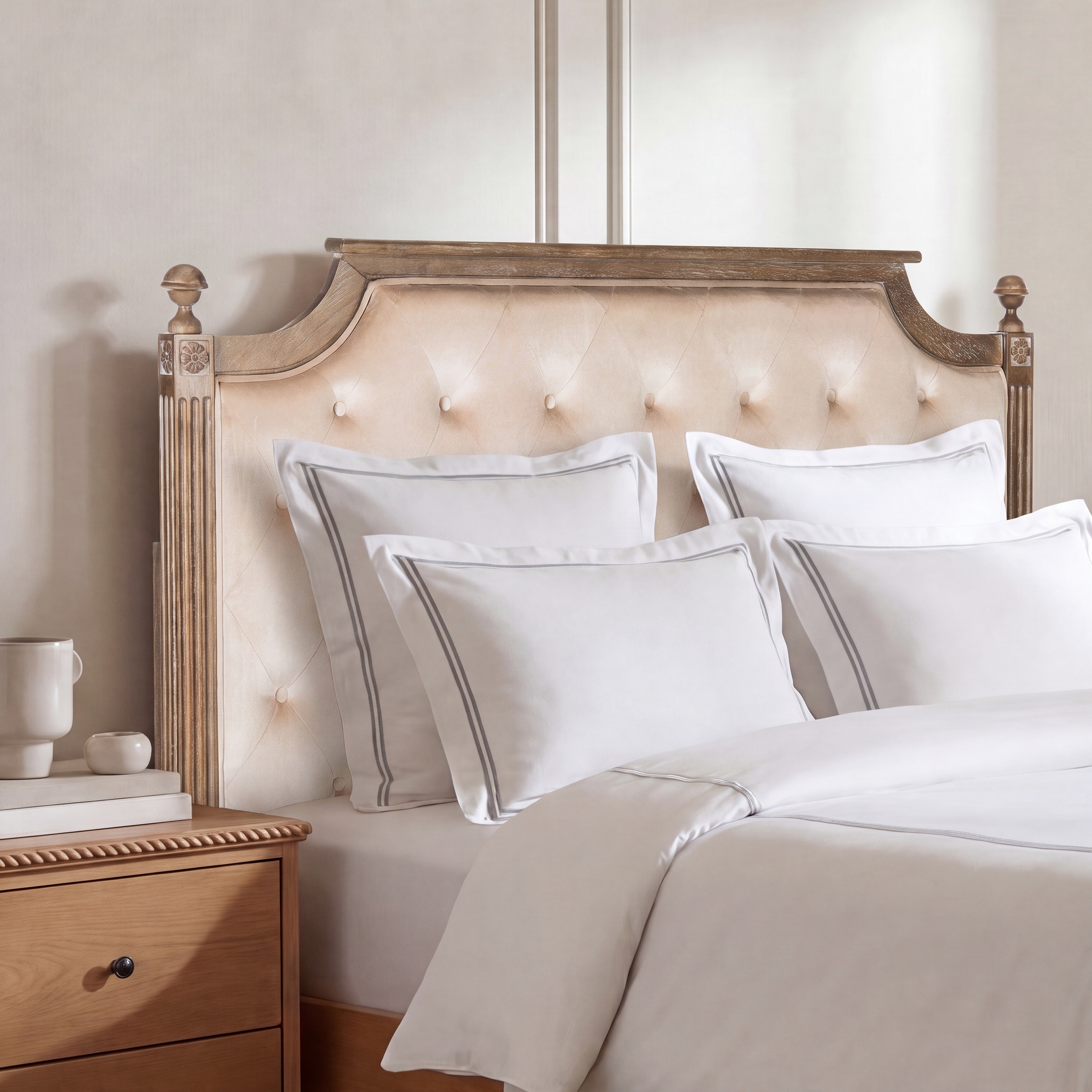 SAFAVIEH Bedding Rustic Wood Beige Tufted Velvet Queen Headboard - Beige / Rustic Oak