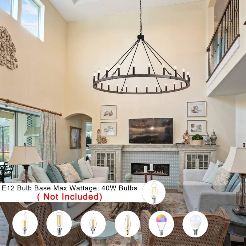 24-Light 51.97-inch Dimmable Round Wagon Wheel Chandelier for Dining Room