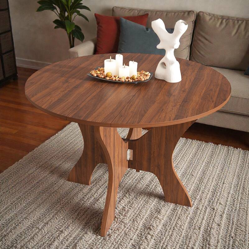 43 Inch Folding Dining Table for Small Spaces, Round MDF Veneer Foldable Kitchen Table with Slim Storage Design