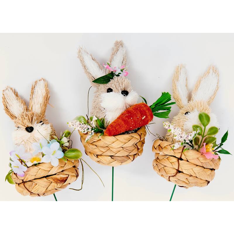 4" Easter Sisal Bunny in Basket on 5.5" Wire Pick, Set of 3 - 10