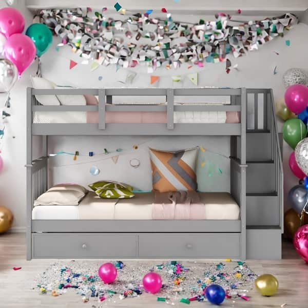 slide 2 of 15, Stairway Twin-Over-Twin Bunk Bed with Trundle Grey