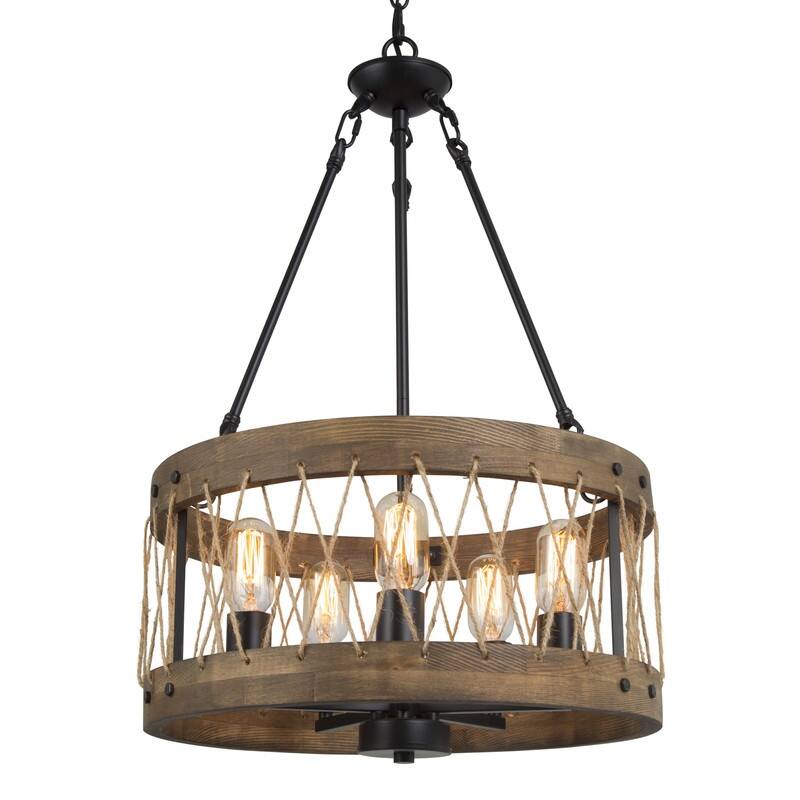 Farmhouse Wagon Wheel 5-light Drum Wooden Chandelier Island Lights - D18" * H27.5"