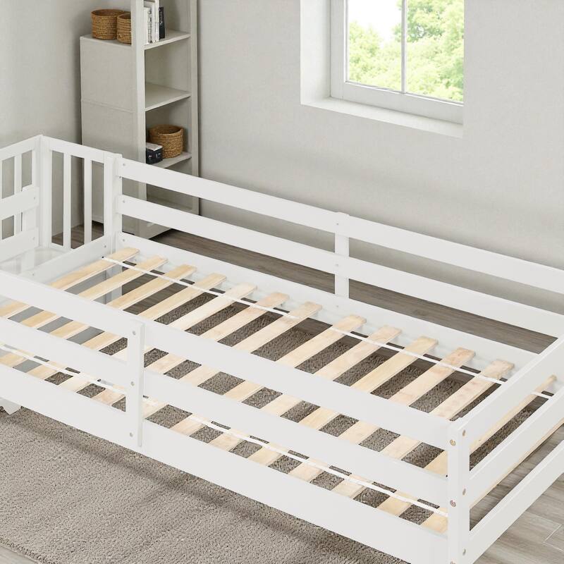 Twin Size Wooden Loft Bed with Staircase and Storage Steps, Solid Pine Frame with Guardrails