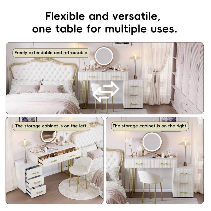 Velvet Upholstered Vanity Desk with Chair, Marble-Look Sticker Top Makeup Vanity