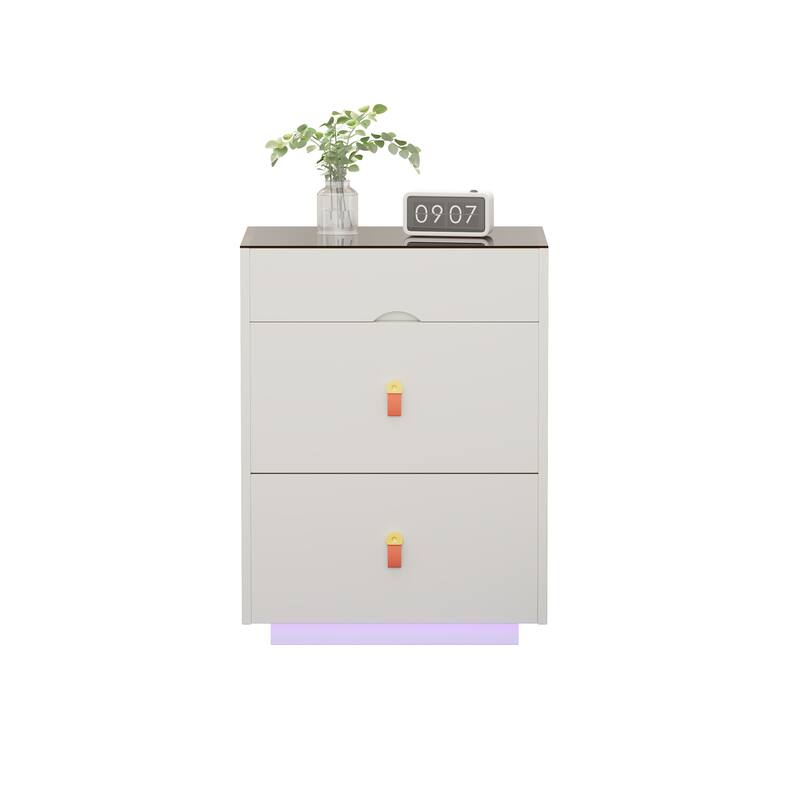 Nightstand with LED Lights & 3 Drawers, Side Table with Glass Top Jewelry Storage Compartments, Small Wood Accent Table