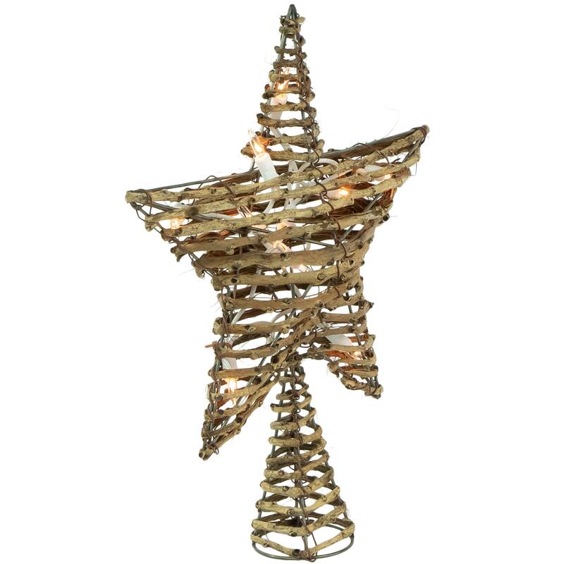 11" Rattan Twigs Star Christmas Tree Topper- Clear Lights White Wire