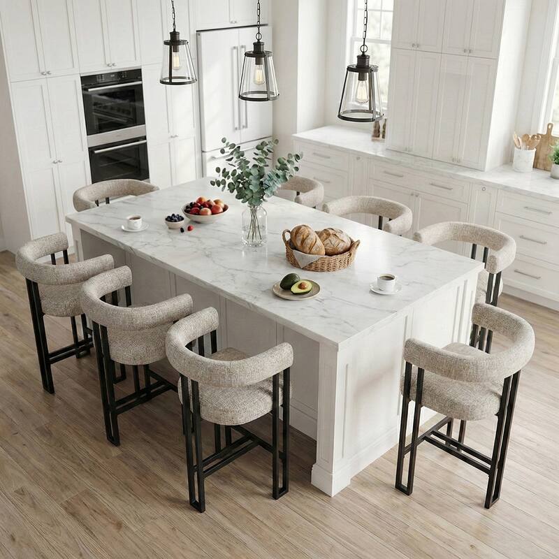 24" Seat Height Upholstered Tweed Solid Back Counter Stool(Set of 6) - Oatmeal