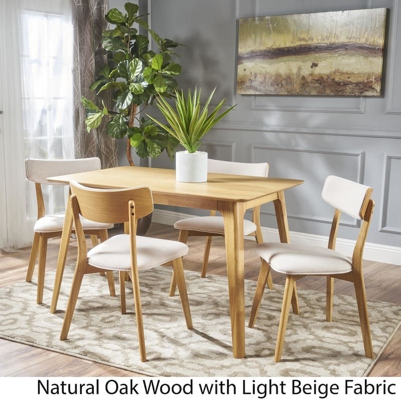 Megann Mid-Century 5-piece Wood Rectangle Dining Set by Christopher Knight Home - Natural Oak + Light Beige