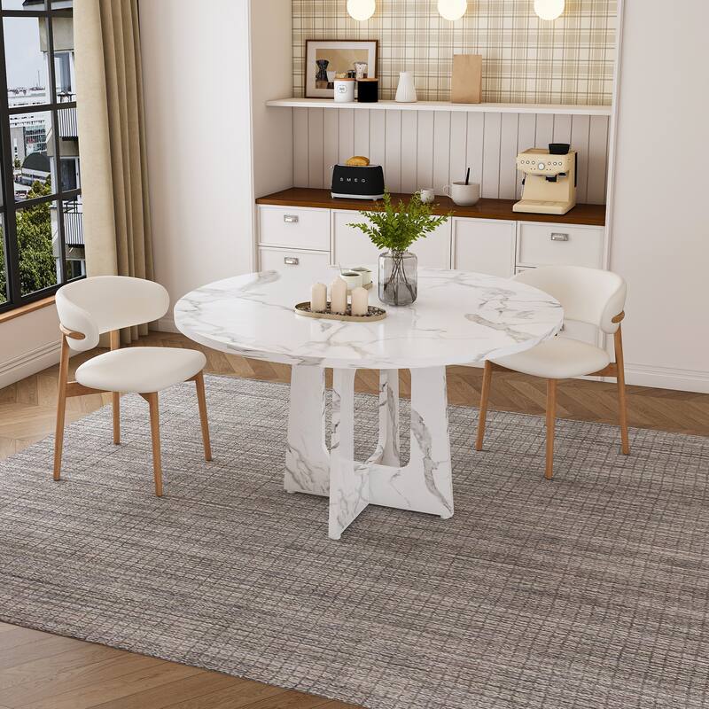 47.24" Farmhouse Round Dining Table – MDF Construction with Marble White Finish, 300lb Capacity