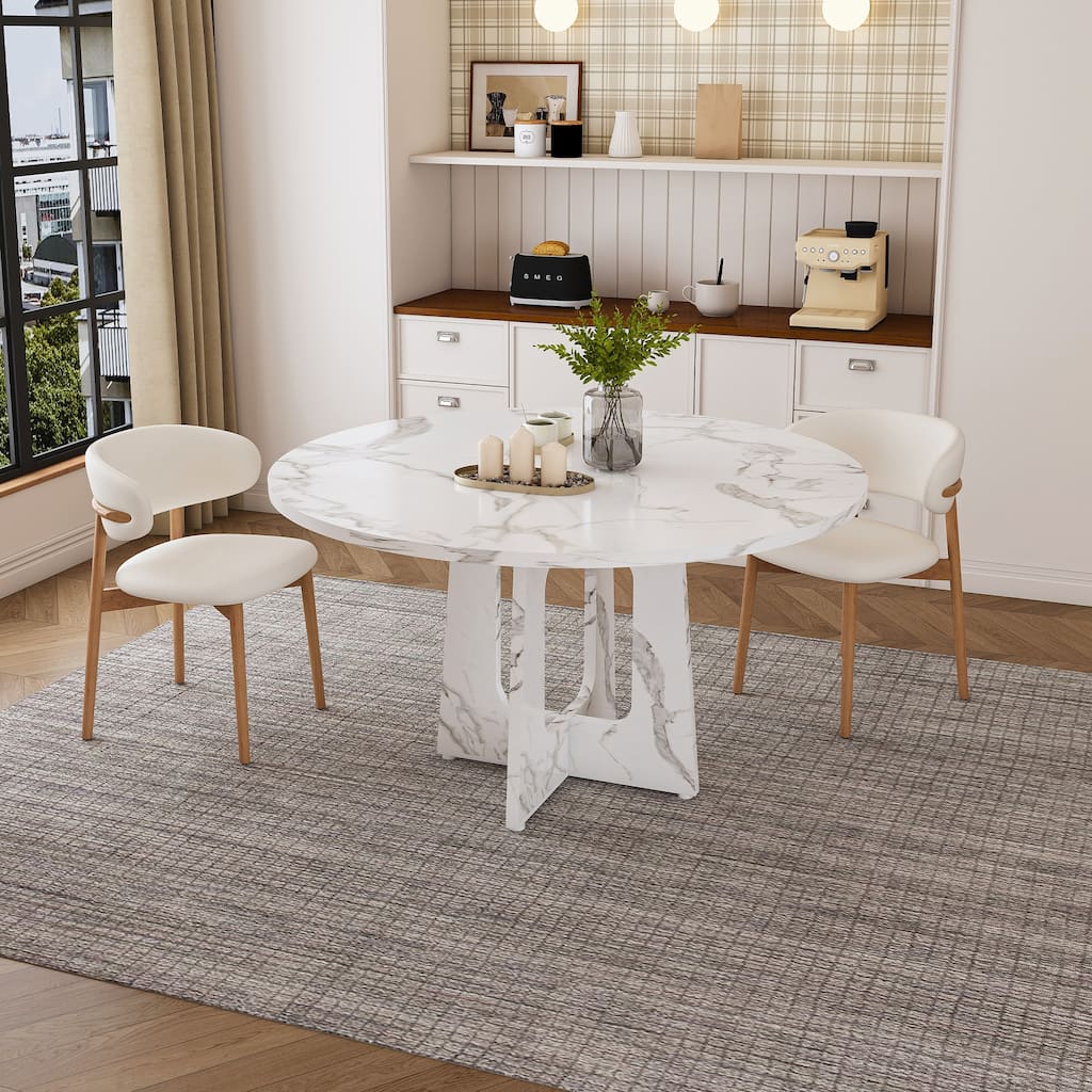 47.24" Round Dining Table for 4 - Farmhouse MDF Table with Marble White Finish, 300lb Capacity, Easy Assembly for Dining Room