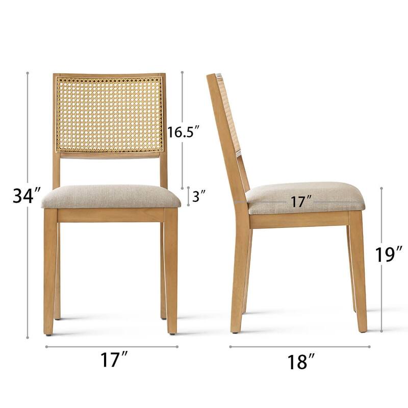 Rattan Back Upholstered Dining Chair With Solid Wood Legs(Set of 2)