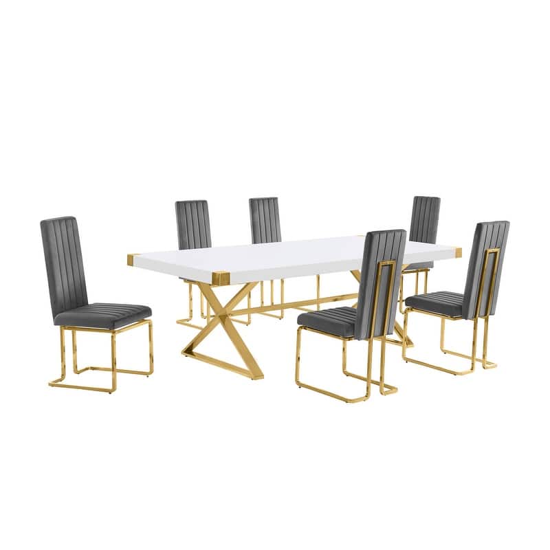 Best Quality Furniture D442/3-SC340-7 Dining Set with 94" White Lacquer Wood Top