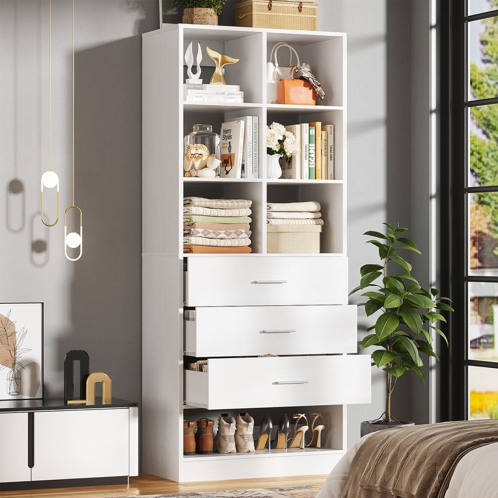 Qvella 23.6'' W Closet System with 3 Wooden Drawers and Partition Storage,Modular Closet Organizer for Walk-in/Reach-in Closet