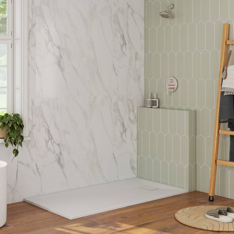 SMC Alcove Shower Pan Base with Left/Right Drain, Low Profile, Wheelchair Access, Slip-Resistant, cUPC Certified