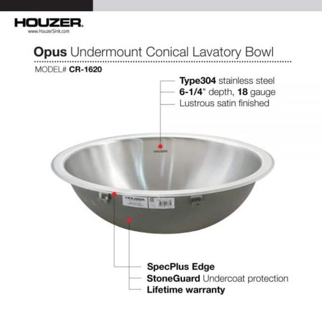 Houzer Opus 16-3/4" 18-Gauge Stainless Steel Undermount Bathroom Sink