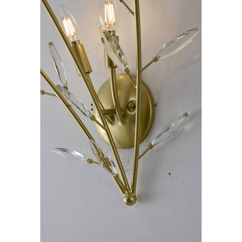 2-Light Gold Branch Wall Sconce With Clear Crystal Accents
