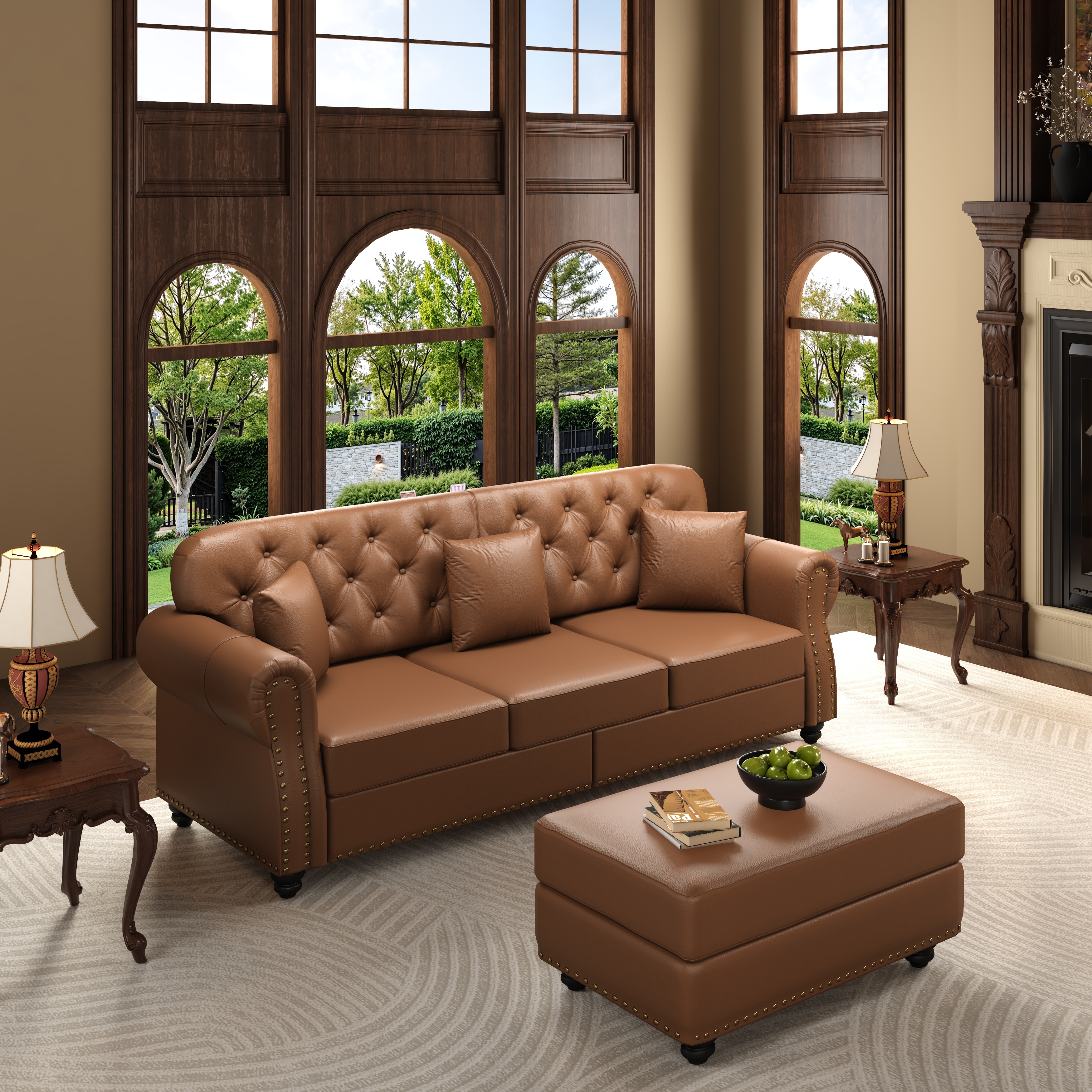GDFStudio - 82.6" Mid-Century Modern Chesterfield 3-Seater Sofa with Nailhead Trim, 1 Ottoman & 3 Pillows