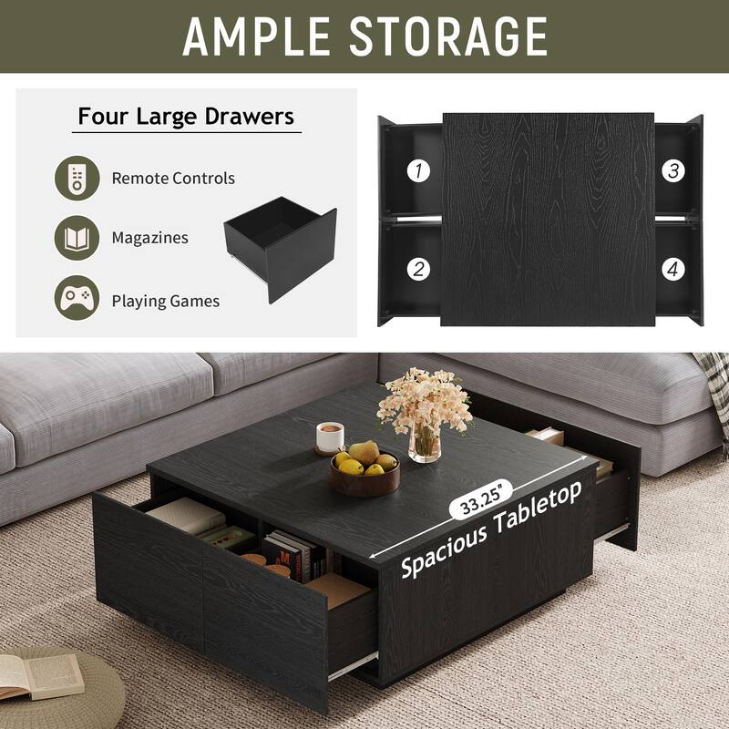 33.25" Square Coffee Table with 4 Drawers, Black