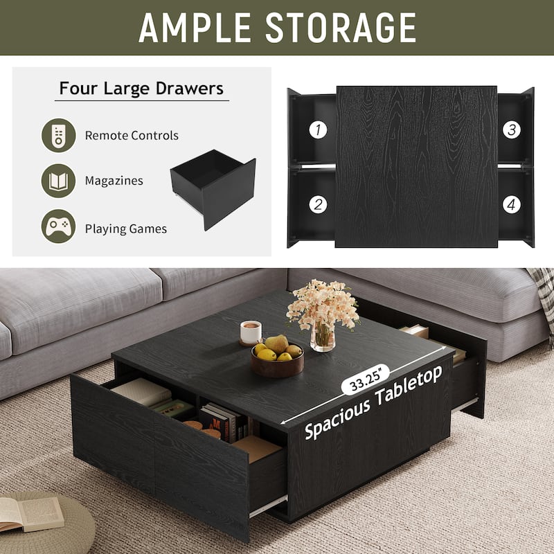 Square Coffee Table Modern Center Table with 4 Drawers, Black Cocktail Table End Table for Living Room
