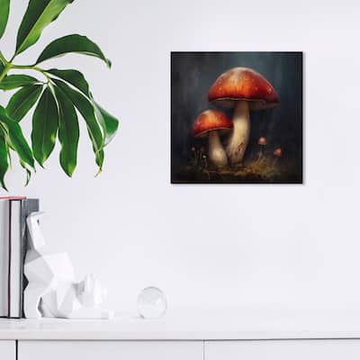 Wynwood Studio Canvas Floral and Botanical Mushrooms in the Night Red and Dark Gray Traditional Wall Art Canvas Print