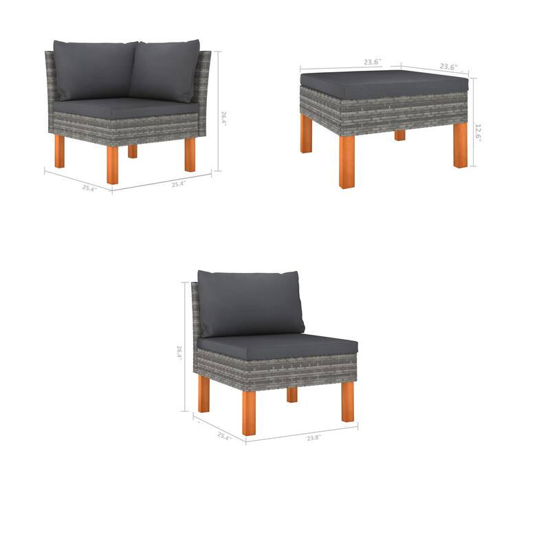Feno 4pc Outdoor Modular Lounge Sofa Set, 2 Ottomans, Dark Gray Rattan