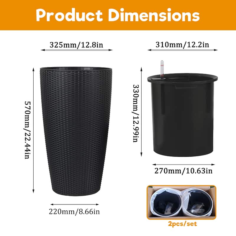 Set of 2 Faux Rattan Tall Planters Outdoor Indoor Large Planters with Water Level Monitor Inner Bucket
