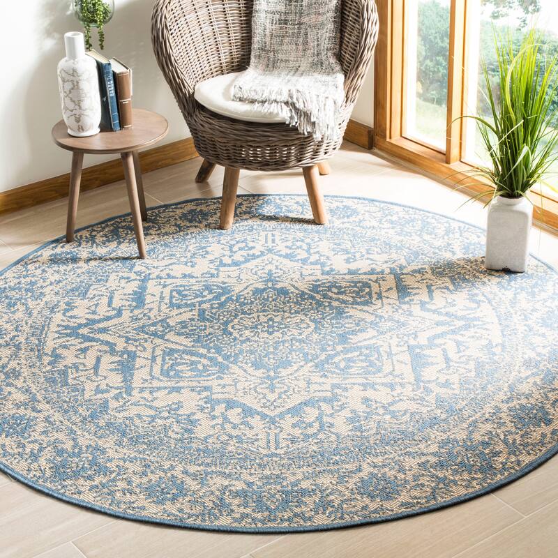 SAFAVIEH Linden Karol Indoor/ Outdoor Waterproof Patio Backyard Rug - 6'7" Round - Cream/Blue
