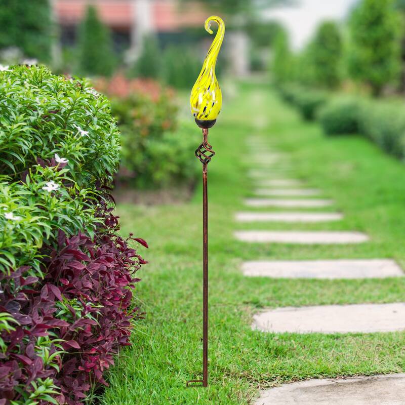 Exhart Solar Hand Blown Pearlized Glass Spiral Flame Garden Stake with Metal Finial Detail, 36 Inch