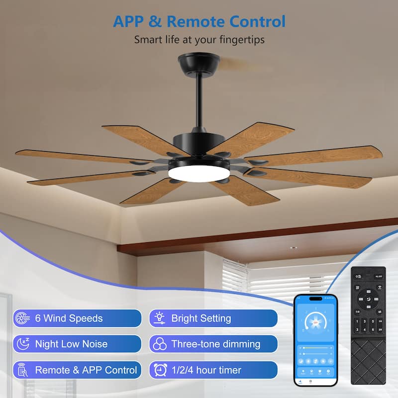 52 Inch Ceiling Fan with Lights and Remote Control, 8 Plywood Blades, 6-Speed Noiseless Reversible DC Motor