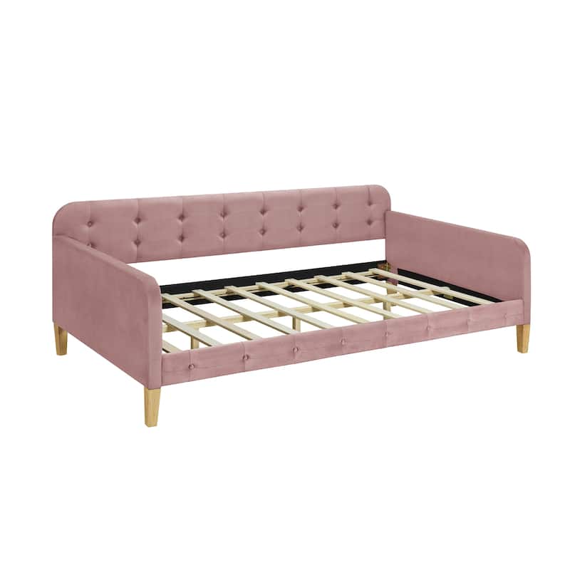 Twin Size Velvet Upholstered Daybed with Slatted and 4 Wooden Support Legs, Button Backrest Platform Bed Frame