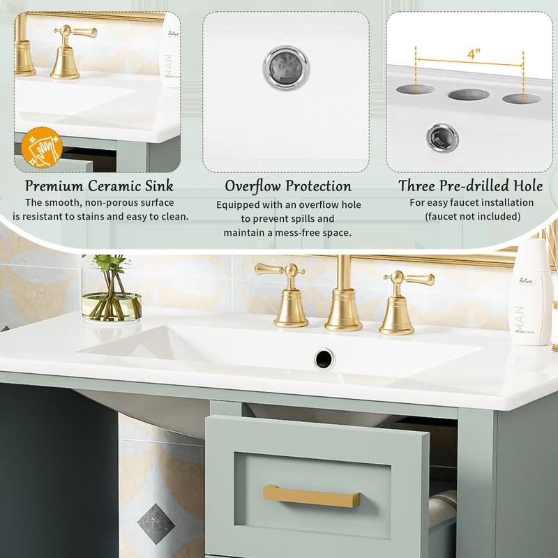 Single Sink Bathroom Vanity Cabinet, Vanity Base & Ceramic Sink Combo Set, 3 Drawers Bathroom Storage Cabinet, 30 Inch
