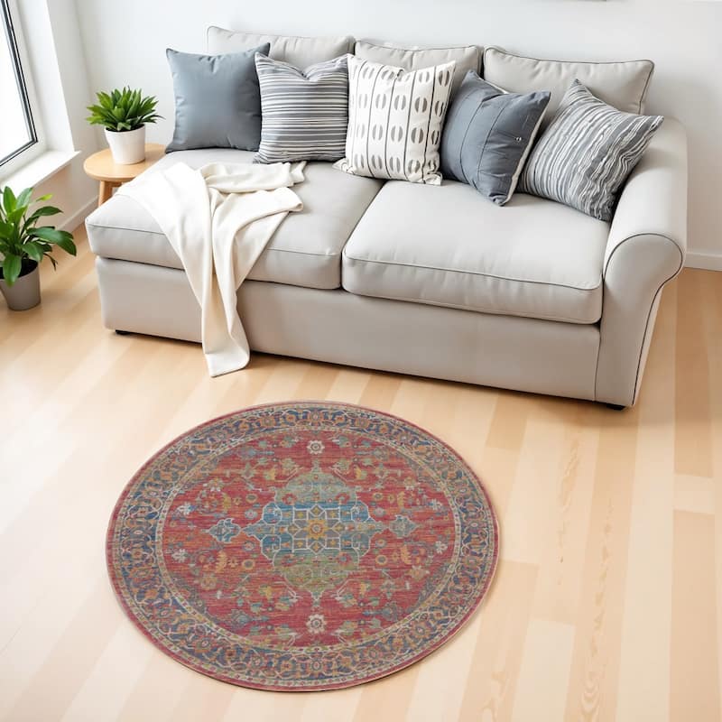 Power Loomed Distressed Geometric Floral Traditional Non Skid Stain Resistant Area Rug - 142' X '106' X '0.5 - 142' X '106' X '0.5 - Oxford Blue - Round