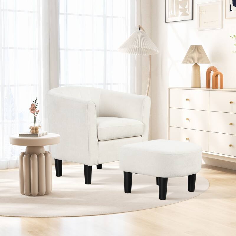 Modern Velvet Barrel Armrest Lounge Chair with Ottoman and Washable Cushion for Bedroom or Living Room