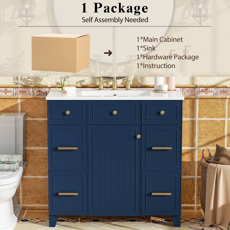 36 Inch Freestanding Bathroom Vanity with Sink, Soft Close Doors, Adjustable Shelves & Double-Depth Drawer