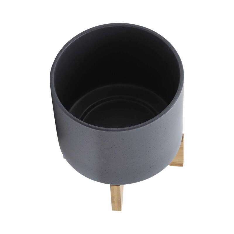8" Ceramic Planter with Wooden Stand, Matte Grey
