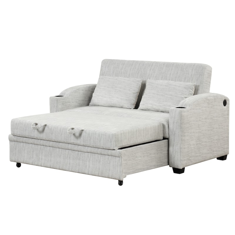 61.6" Pull Out Sofa Bed with Adjustable Backrest, 2 Pillows, Cup Holders & USB Ports, White Gray, Chenille