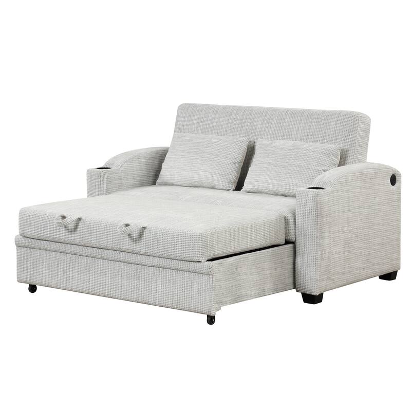 Chenille Convertible Loveseat Sofa Bed with Adjustable Backrest, USB Ports, and Cup Holders