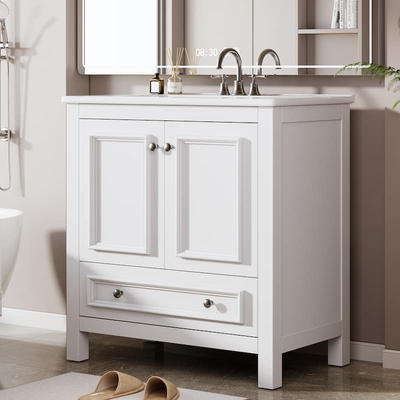 30 Inches Modern Bathroom Vanity with Sink & 1 Drawer, Vanities Cabinet - White