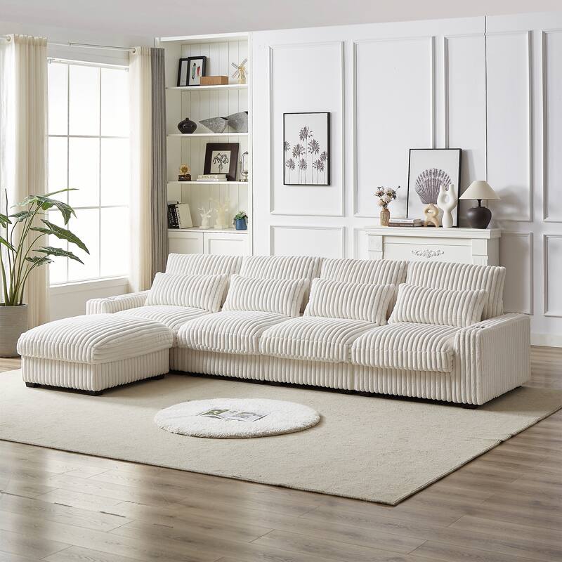 126" Corduroy L-Shaped Sectional Sofa with USB & Cup Holders