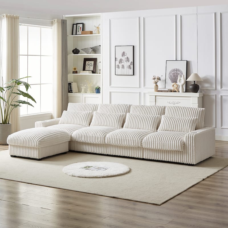 Super Large 126-Inch Corduroy L-Shaped Sofa with Cup Holders, USB Port, Movable Footrest, and 8 Cushions.